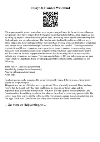 Essay On Humber Watershed
Alien species on the humber watersheds are a major ecological issue for the environment because
they prevent other native species from living/growing in their natural habitat. Alien species do this
by taking up physical space that native species need , preventing native species from reaching their
food and water and spreading disease. The humber watershed is affected in two different ways:
native species and the overall ecosystemof the watershed. invasive specieson the humber watersheds
have a major threat to the biodiversityof our waters,wetlands, and marshes. These organisms that
originate from different ecosystems pose a great threat to our ecosystem because coming to our
ecosystem their natural predators can no longer keep the population s growth rate under control
and that causes an increase in population because of that devastating effects on native species,
habitats, and ecosystems may occur. There are reports that over 185 non indigenous species were
found Ontario s Great lakes. Some invading species that been found in the Great lakes are the
following;
Zebra Mussel (Dreissena polymorpha)
Round Goby (Neogobius melanostomus)
Alewife (Alosa pseudoharengus)
Asian carps
Invading species can be introduced to our environment by many different ways ... Show more
content on Helpwriting.net ...
This particular species of fish has an average size of 25.cm when fully matured. There has been
reports that the Round Goby has been establishing its place in our Great Lakes and its
population fully established themselves in 1998, now they are a part of our ecosystem in Lake
Ontario and the Round Goby population has taken on the role of prey for many predator fish. The
Goby s main food sources are the following ; the zebra mussel, quagga mussel, miniatur fish, and
fish eggs. The Round Goby is now one of the most common fish in the lower Great
... Get more on HelpWriting.net ...
 
