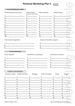 marketingpersonale
Performance/servizi/know how
1
2
3
La tua offerta/prezzi e tariffe
La tua promozione
Il piano di comunicazione
Unità di misura
(ore,giorni, fee, forfait)
1
2
3
Range di prezzo
1
2
3
4 4 4
5 5 5
6 6 6
7 7 7
8 8 8
9 9 9
10 10
Clienti destinatari
1
2
3
4
5
6
7
8
9
10 10
Strumenti / attività
1
2
3
Messaggi
1
2
3
4 4
5 5
6 6
7 7
8 8
9 9
10 10
Criteri misurazione
1
2
3
4
5
6
7
8
9
10
Timing
1
2
3
4
5
6
7
8
9
10
Budget
1
2
3
4
5
6
7
8
9
10
Pubblici destinatari
1
2
3
4
5
6
7
8
9
10
Personal Marketing Plan 3
http://marketingpersonale.blogspot.com/
Eventi imperdibili
1
2
3
Associazioni cui partecipare
1
2
3
Community cui iscriversi
1
2
3
4 4 4
5 5 5
Tempi previsti di pagamento
1
2
3
Coperture finanziarie a supporto
1
2
3
Stefano Principato 2010
 