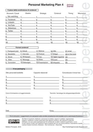 marketingpersonale
Il piano della condivisione di contenuti
Format contenuti
Strumenti / Canali
1
2
3
Strategia
1
2
3
4 4
5 5
6 6
7 7
8 8
9 9
10 10
Contenuti
1
2
3
4
5
6
7
8
9
10
Timing
1
2
3
4
5
6
7
8
9
10
Misurazioni
1
2
3
4
5
6
7
8
9
10
Obiettivi
1
2
3
4
5
6
7
8
9
10
Personal Marketing Plan 4
Sito web/blog
Facebook
Linkedin
YouTube
Slideshare
Twitter
1
2
3
11
12
13
4 14
5 15
16
17
18
19
20
21
22
23
24
25
6
7
8
9
10
Post/guest post Articoli
Interviste
Messaggi
Status/geo
Webinar
Slides
Presentazioni
Wiki email
on line toolsWidget
Digital magazines
Eventi
Infografici
Podcast
FotoWhitepaper
Newsletter
Ebook
Video
Curriculum
Corsi di formazione e di aggiornamento
1
2
3
Tecniche / tecnologie da sviluppare/approfondire
1
Data Firma
2
3
Il tuo packaging
Stile personale/vestibilità
1
2
3
Capacità relazionali
1
2
3
Concretizzare il know how
1
2
3
4 4 4
5 5 5
http://marketingpersonale.blogspot.com/
Sei libero di riprodurre, distribuire, comunicare al pubblico, esporre in pubblico, rappresentare,
eseguire, modificare e recitare questʼopera alle seguenti condizioni: devi attribuire la paternità
dellʼopera, non puoi usare questʼopera per fini commerciali, se alteri o trasformi questʼopera, o se la
usi per crearne unʼaltra, puoi distribuire lʼopera risultante solo con una licenza identica o equivalente a questa.
Licenza Creative Commons, Attribution – Non Commercial – Share Alike
Per le istruzioni, i suggerimenti e le valutazioni sulla corretta compilazione del template scrivi a sprincipato@araknes.it
Stefano Principato 2010
 