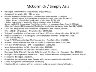 McCormick / Simply Asia
•   Developed and maintained sales in excess of $20,000,000.
•   Consistently grew sales 18% - 24% per year.
•   Initiated and executed new product launches with revenues over $18 Million.
    -AAFES: Added 4 Simply Asia quick meal – Shipped to Iraq – Sales: Over $1,500,000.
    - DECA: Added 12 Simply Asia quick meals – Sales: Over $1,500,000.
    - DECA: New products featured – shipper display – Sales: $100,000.
    -Kroger: Added 12 Simply Asia / Thai Kitchen products to planogram Sales: Over $2,000,000.
    -Albertson’s: Added 18 Simply Asia / Thai Kitchen products to planogram Sales: Over $2,750,000.
•   CVS – Took away private label spices from competitor – New sales $4,000,000.
•   CVS – Added 4 SAF products – New Sales: Over $3,000,000.
•   Walgreen’s – Added up to 10 products in 1,700 – 5,500 stores – New Sales: Over $3,500,000.
•   Directed the entrance to the drug and convenience store channels – Simply Asia Foods.
    Sales: Over $6,500,000.
•   Setup IN / OUT promotion Wal-Mart Supercenters – New Sales: Over $250,000.
•   Wal-Mart SuperCenters setup 4 new SAF products – New Sales: Over $1,000,000.
•   Took over Western Canada – SAF – Increased sales $1,000,000.
•   Setup Aldi private label on SAF – New Sales: Over $500,000.
•   Setup Aldi private label on Zatarain’s – New Sales: Over $750,000.
•   Developed Dollar Channel – Big Lots, Dollar-General, 99c Only , etc - New sales : Over $750,000.
•   Managed sales budget with Trade funds - CRM (Customer Relations Management) based on accrual.
•   Successfully developed sales team.
•   Responsible for maintaining sales forecast with risks and opportunities identified.
•   Earned management commendation for tenacity.
•   Established trade relations with key customers and grew brands into market leaders.

                                                                                                       4
 