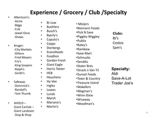 Experience / Grocery / Club /Specialty
•   Albertson’s:
    -Acme              •   Bi-Low
    -Biggs                                 • Meijers
                       •   Buehlers        •Niemann Foods
    -Cub
                       •   Busch’s         •Pick N Save
    -Jewel-Osco                                                Clubs:
    -Shaws
                       •   Byerly's        •Piggley Wiggley
                       •   Caputo's                            BJ’s
                                           •Publix
                       •   Copps                               Costco
•   Kroger:                                •Raley's
    -City Markets
                       •   Dierbergs       •Rainbow            Sam’s
    -Dillons           •   Econofoods      •Save Mart
    -Fred Meyers       •   Foodlion        •Schnucks
    -Fry’s             •   Garden Fresh    •Sendiks
    -King Soopers      •   Giant Eagle     •Stater Bros
    -Ralph’s           •   Harris Teeter   •Strack n Van Til   Specialty:
    -Smith’s           •   HEB             •Sunset Foods       Aldi
                       •   Houchens        •Town & Country     Save-A-Lot
•   Safeway:           •   Hy-Vee          •Treasure Island    Trader Joe’s
    -Dominick’s        •   Ingles          •Wakefern
    -Randall’s         •   Lowes           •Wegman's
    -Tom Thumb         •   Lunds           •Winn-Dixie
                       •   Marsh           •Wiseway
•   AHOLD –            •   Mariano's       •Woodman's
    Giant Carlisle –   •   Martin’s
    Giant Landover                                                            8
    -Stop & Shop
 