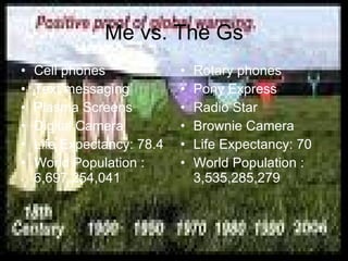 Me vs. The Gs Cell phones Text messaging Plasma Screens Digital Camera Life Expectancy: 78.4 World Population : 6,697,254,041 Rotary phones Pony Express Radio Star Brownie Camera Life Expectancy: 70 World Population : 3,535,285,279 
