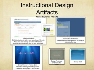 Instructional Design ArtifactsAdobe Captivate ProjectsSalary.com DemoBrief introduction to salary.com website and function for a new user looking for salary information. Includes accompanying step by step worksheet.Microsoft Outlook Democreated training modules such as these for internal office useDesign Prototype and Instructor GuideDesign BriefOnline Women’s Fishing ClinicInteractive learning tool with quizzes. Created to accompany a face-to-face clinic.