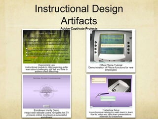 Instructional Design ArtifactsAdobe Captivate ProjectsOvercoming LiesInstructional module to help beginning golfer learn about challenging golf lies and how to address them effectivelyOffice Phone TutorialDemonstration of Phone functions for new employeesTradeshow SetupAsynchronous training for sales team to learn how to setup and take down presentations materials for tradeshowEnrollment Verify DemoHelps new website users navigate the EV process online to ensure a successful enrollment