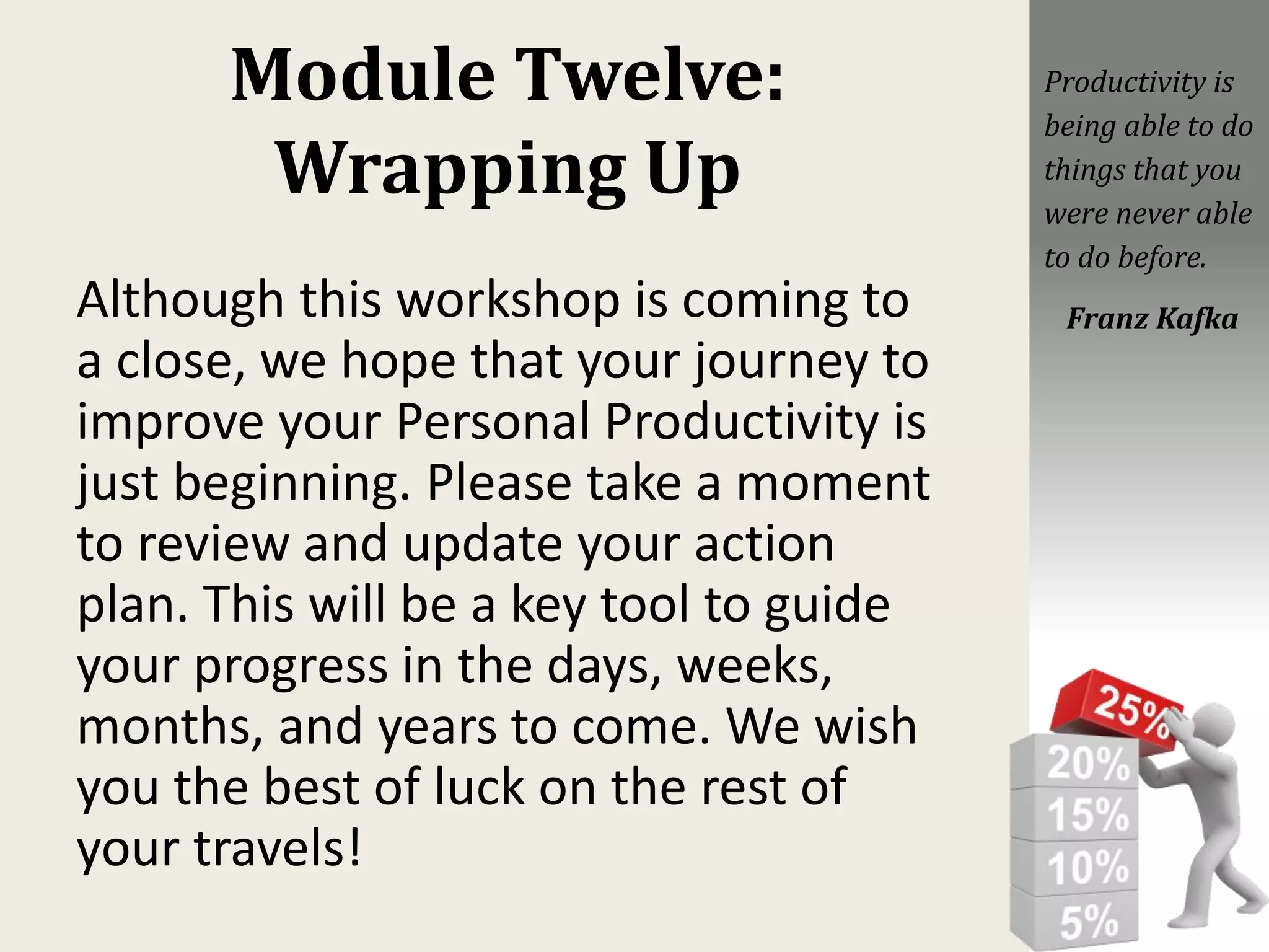 Module Twelve:
Wrapping Up
Although this workshop is coming to
a close, we hope that your journey to
improve your Personal Productivity is
just beginning. Please take a moment
to review and update your action
plan. This will be a key tool to guide
your progress in the days, weeks,
months, and years to come. We wish
you the best of luck on the rest of
your travels!
Productivity is
being able to do
things that you
were never able
to do before.
Franz Kafka
 