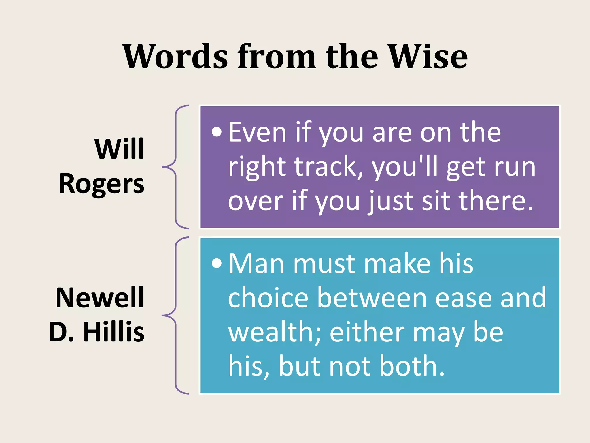Words from the Wise
Will
Rogers
•Even if you are on the
right track, you'll get run
over if you just sit there.
Newell
D. Hillis
•Man must make his
choice between ease and
wealth; either may be
his, but not both.
 