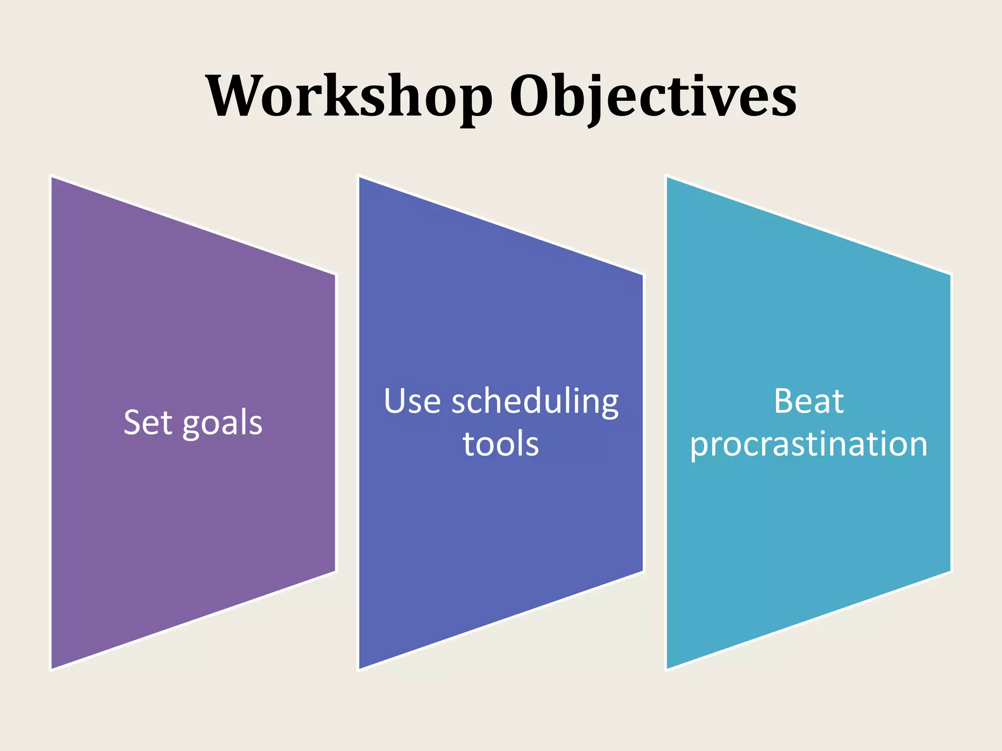 Workshop Objectives
Set goals
Use scheduling
tools
Beat
procrastination
 
