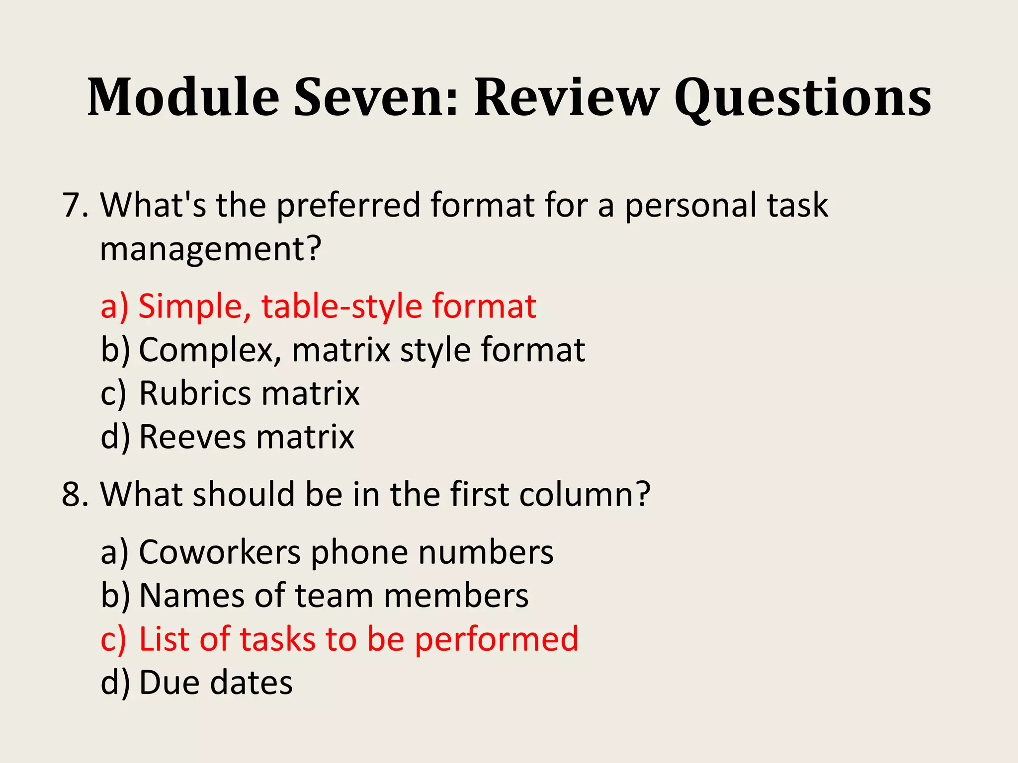 Module Seven: Review Questions
7. What's the preferred format for a personal task
management?
a) Simple, table-style format
b) Complex, matrix style format
c) Rubrics matrix
d) Reeves matrix
8. What should be in the first column?
a) Coworkers phone numbers
b) Names of team members
c) List of tasks to be performed
d) Due dates
 