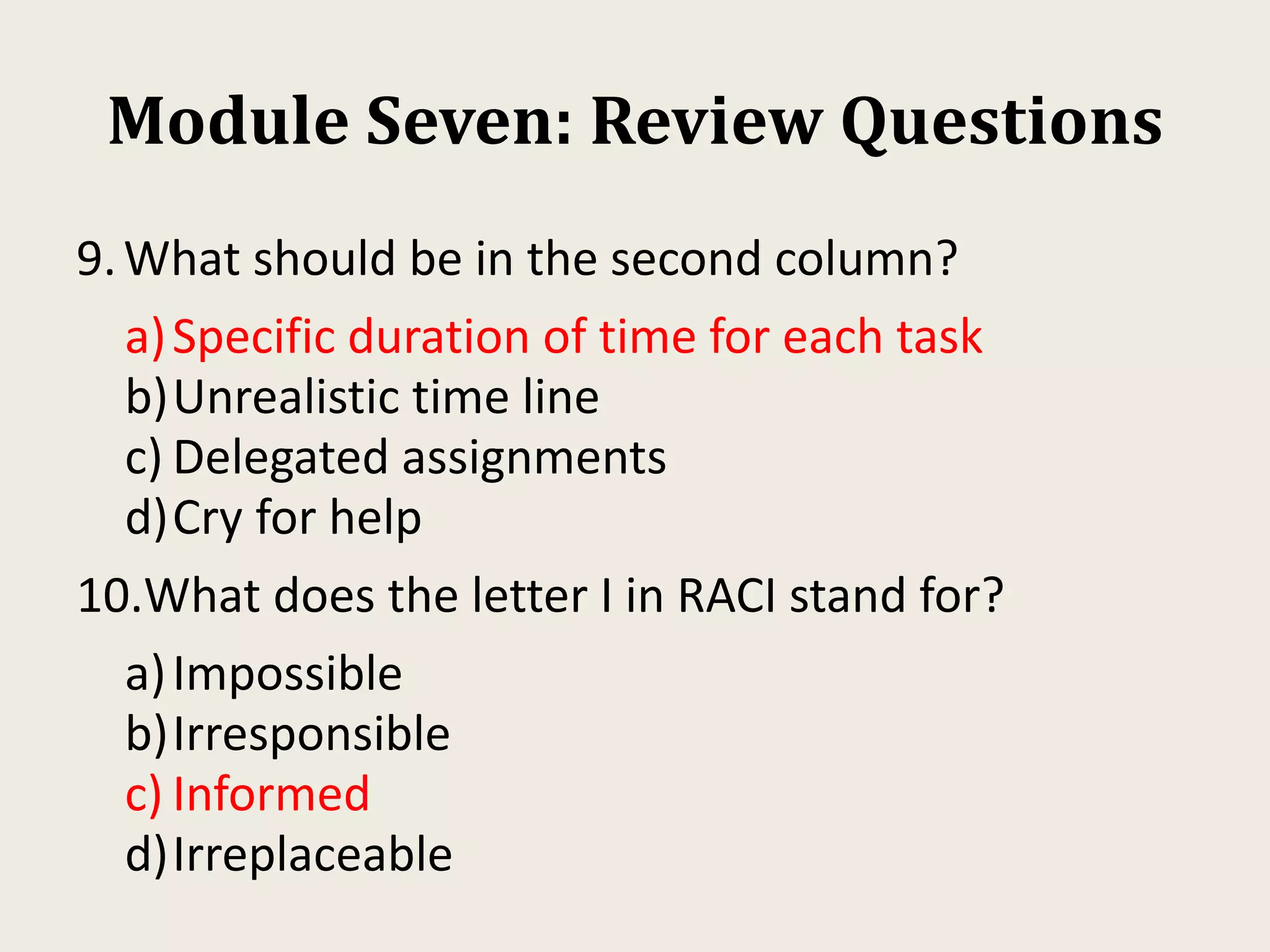 Module Seven: Review Questions
9.What should be in the second column?
a)Specific duration of time for each task
b)Unrealistic time line
c) Delegated assignments
d)Cry for help
10.What does the letter I in RACI stand for?
a)Impossible
b)Irresponsible
c) Informed
d)Irreplaceable
 