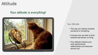 Attitude
Your attitude is everything!
Your Attitude:
• The way you behave towards
someone or something
• It shows how you feel or think
towards that person or thing
• Your attitude impacts your
work performance,
relationships and everyone
around you
 