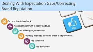 Be receptive to feedback
Accept criticism with a positive attitude
Avoid being argumentative
Be disciplined
Promptly attend to identified areas of improvement
Be consistent
Dealing With Expectation Gaps/Correcting
Brand Reputation
 