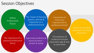 Session Objectives
Define
Professional
Brand
The importance of a
personal professional
Brand
The impact of dressing,
posture, attitude &
disposition on a
professional brand
Appreciate professional
communication –
written & verbal
Importance of
continuous
improvement to
professional brand
The existence of
professional brand
expectation gap & how
to close them
How to correct bad
reputations & wrong
impressions
 