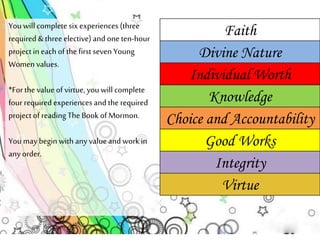 You will complete six experiences (three 
required & three elective) and one ten-hour 
project in each of the first seven Young 
Women values. 
*For the value of virtue, you will complete 
four required experiences and the required 
project of reading The Book of Mormon. 
You may begin with any value and work in 
any order. 
Faith 
Divine Nature 
Individual Worth 
Knowledge 
Choice and Accountability 
Good Works 
Integrity 
Virtue 
 