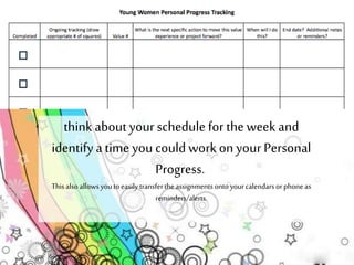 think about your schedule for the week and 
identify a time you could work on your Personal 
Progress. 
This also allows you to easily transfer the assignments onto your calendars or phone as 
reminders/alerts. 
 