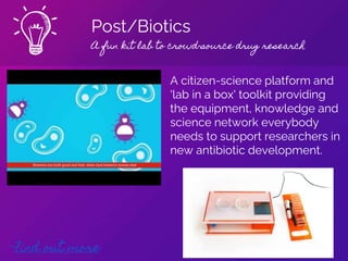 Post/Biotics
A fun kit lab to crowd-source drug research
Find out more
A citizen-science platform and
'lab in a box' toolkit providing
the equipment, knowledge and
science network everybody
needs to support researchers in
new antibiotic development.
 