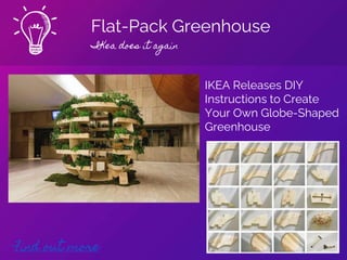 Flat-Pack Greenhouse
IKea does it again
Find out more
IKEA Releases DIY
Instructions to Create
Your Own Globe-Shaped
Greenhouse
 
