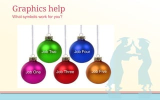 Graphics help
What symbols work for you?
Job One
Job Two Job Four
Job Three Job Five
 