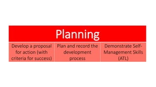 Planning 
Develop a proposal 
for action (with 
criteria for success) 
Plan and record the 
development 
process 
Demonstrate Self- 
Management Skills 
(ATL) 
 