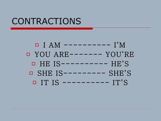 CONTRACTIONS  I AM ---------- I’M YOU ARE------- YOU’RE HE IS---------- HE’S SHE IS--------- SHE’S IT IS ---------- IT’S 