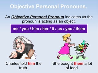 Objective Personal Pronouns.
An Objective Personal Pronoun indicates us the
pronoun is acting as an object.
me / you / him / her / it / us / you / them
Charles told him the
truth.
She bought them a lot
of food.
 