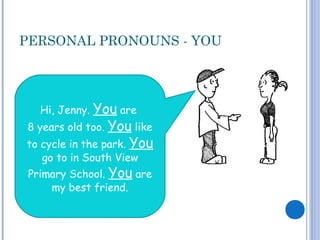 PERSONAL PRONOUNS - YOU
Hi, Jenny. You are
8 years old too. You like
to cycle in the park. You
go to in South View
Primary School. You are
my best friend.
 