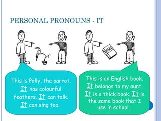 PERSONAL PRONOUNS - IT
This is Polly, the parrot.
It has colourful
feathers. It can talk.
It can sing too.
This is an English book.
It belongs to my aunt.
It is a thick book. It is
the same book that I
use in school.
 