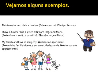 This is my father. He is a teacher.(Este é meu pai. Ele é professor.)
I have a brother and a sister. They are Jorge and Mary.
(Eu tenho um irmão e uma irmã. Eles são Jorge e Mary.)
My family and I live in a big city. We have an apartment.
(Eu e minha família vivemos em uma cidadegrande. Nós temos um
apartamento.)
 