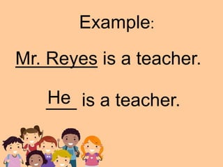Mr. Reyes is a teacher.
___ is a teacher.
He
Example:
 