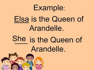 Elsa is the Queen of
Arandelle.
___ is the Queen of
Arandelle.
She
Example: