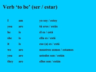 Verb ‘to be’ (ser / estar)
I am yo soy / estoy
you are tú eres / estás
he is él es / está
she is ella es / está
it is eso (a) es / está
we are nosotros somos / estamos
you are ustedes son / están
they are ellos son / están
 
