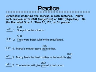 Practice Directions: Underline the pronoun in each sentence.  Above each pronoun write SUB (subjective) or OBJ (objective).  On the line label S or P. Then 1 st , 2 nd , or 3 rd  person.  ____ 1.  She put on the mittens.  s-3 rd   SUB ____ 2.  They were black with white snowflakes.  p-3 rd   SUB ____ 4.  Marcy’s mother gave them to her.  p-3 rd   OBJ ____ 5.  Marcy feels the best mother in the world is she.  s-3 rd   SUB ____ 2.  The teacher will give you all a quiz soon.  p-2 rd   OBJ 