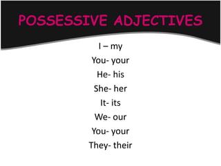 POSSESSIVE ADJECTIVES
           I – my
         You- your
           He- his
          She- her
            It- its
          We- our
         You- your
        They- their
 