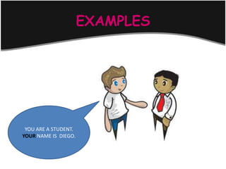 EXAMPLES




 YOU ARE A STUDENT.
YOUR NAME IS DIEGO.
 