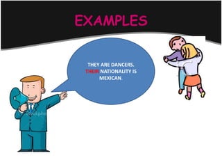 EXAMPLES


  THEY ARE DANCERS.
 THEIR NATIONALITY IS
      MEXICAN.
 