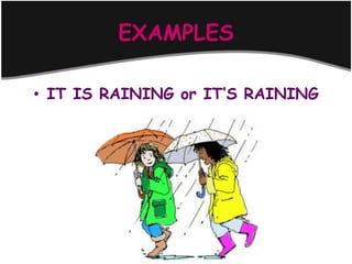 EXAMPLES

• IT IS RAINING or IT’S RAINING
 