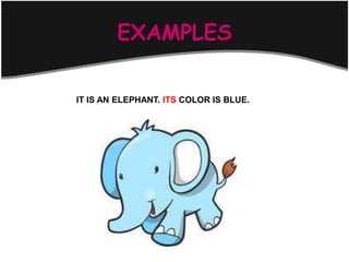 EXAMPLES

IT IS AN ELEPHANT. ITS COLOR IS BLUE.
 