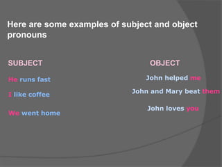 Here are some examples of subject and object
pronouns
SUBJECT
He runs fast
I like coffee
We went home
OBJECT
John helped me
John and Mary beat them
John loves you
 