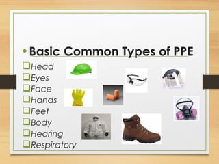 •Basic Common Types of PPE
Head
Eyes
Face
Hands
Feet
Body
Hearing
Respiratory
 