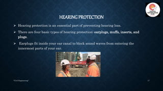 HEARING PROTECTION
 Hearing protection is an essential part of preventing hearing loss.
 There are four basic types of h...