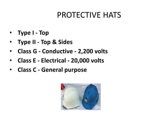 PROTECTIVE HATS
• Type I - Top
• Type II - Top & Sides
• Class G - Conductive - 2,200 volts
• Class E - Electrical - 20,000 volts
• Class C - General purpose
5
 