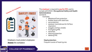 9
COLLEGE OF PHARMACY
The employer is required to pay for PPE used to
comply with OSHA (Occupational Safety and Health
Administration)
standards
Examples
• Metatarsal foot protection
• Rubber boots with steel toes
• eye protection
• eyewear inserts/lenses for full face
respirators
• Goggles and face shields
• Fire fighting PPE
• Hard hats
• Hearing protection
• Welding PPE
Employers must protect employees:
Assess the workplace
Head protection:
Frequent causes of head injuries
9
 