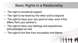 Basic Rights in a Relationship
• The right to emotional support
• The right to be heard by the other and to respond
• The right to have your own point of view, even if this
differs from your partner’s
• The right to have your feelings and experiences
acknowledged as real
• The right to live free from accusation and blame
 