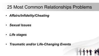 25 Most Common Relationships Problems
• Affairs/Infidelity/Cheating
• Sexual Issues
• Life stages
• Traumatic and/or Life-Changing Events
 
