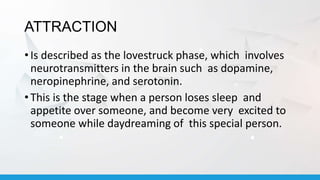 ATTRACTION
• Is described as the lovestruck phase, which involves
neurotransmitters in the brain such as dopamine,
neropinephrine, and serotonin.
• This is the stage when a person loses sleep and
appetite over someone, and become very excited to
someone while daydreaming of this special person.
 