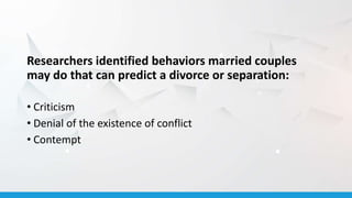 Researchers identified behaviors married couples
may do that can predict a divorce or separation:
• Criticism
• Denial of the existence of conflict
• Contempt
 