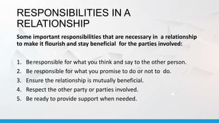 RESPONSIBILITIES IN A
RELATIONSHIP
Some important responsibilities that are necessary in a relationship
to make it flourish and stay beneficial for the parties involved:
1. Beresponsible for what you think and say to the other person.
2. Be responsible for what you promise to do or not to do.
3. Ensure the relationship is mutually beneficial.
4. Respect the other party or parties involved.
5. Be ready to provide support when needed.
 