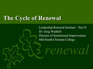 Leadership Renewal Seminar – Part II
Dr. Greg Waddell
Director of Institutional Improvement
Mid-South Christian College



    renewal
 