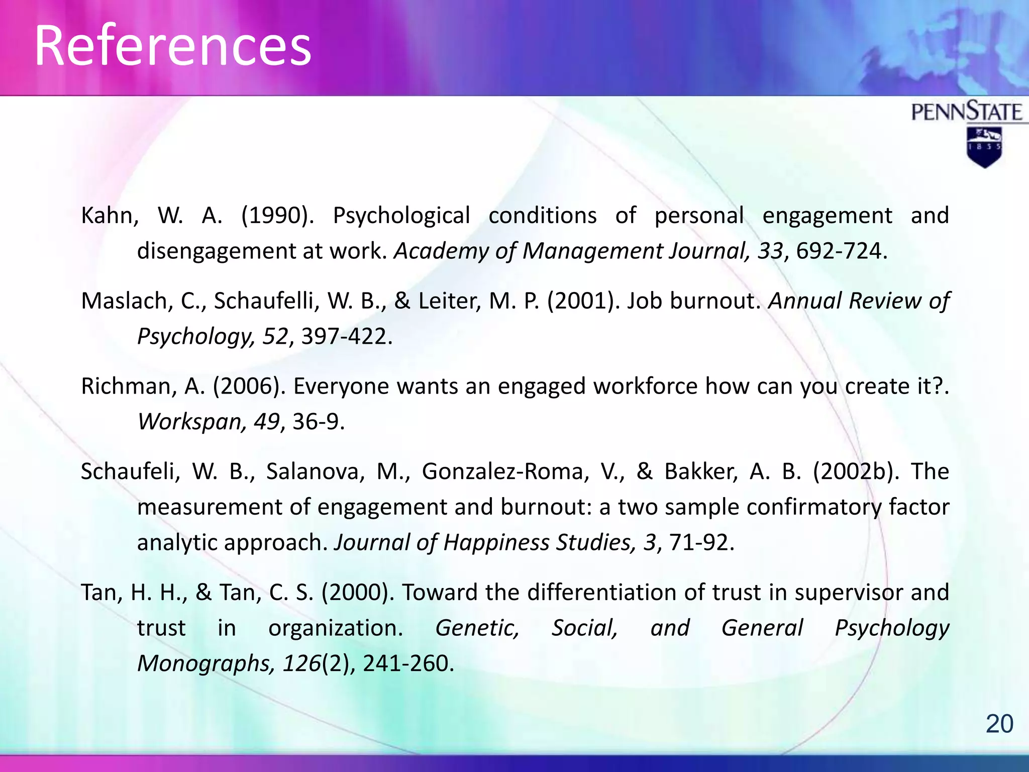 References

 Kahn, W. A. (1990). Psychological conditions of personal engagement and
      disengagement at work. Academy of Management Journal, 33, 692-724.
 Maslach, C., Schaufelli, W. B., & Leiter, M. P. (2001). Job burnout. Annual Review of
     Psychology, 52, 397-422.
 Richman, A. (2006). Everyone wants an engaged workforce how can you create it?.
      Workspan, 49, 36-9.
 Schaufeli, W. B., Salanova, M., Gonzalez-Roma, V., & Bakker, A. B. (2002b). The
      measurement of engagement and burnout: a two sample confirmatory factor
      analytic approach. Journal of Happiness Studies, 3, 71-92.
 Tan, H. H., & Tan, C. S. (2000). Toward the differentiation of trust in supervisor and
      trust in organization. Genetic, Social, and General Psychology
      Monographs, 126(2), 241-260.

                                                                                          20
 