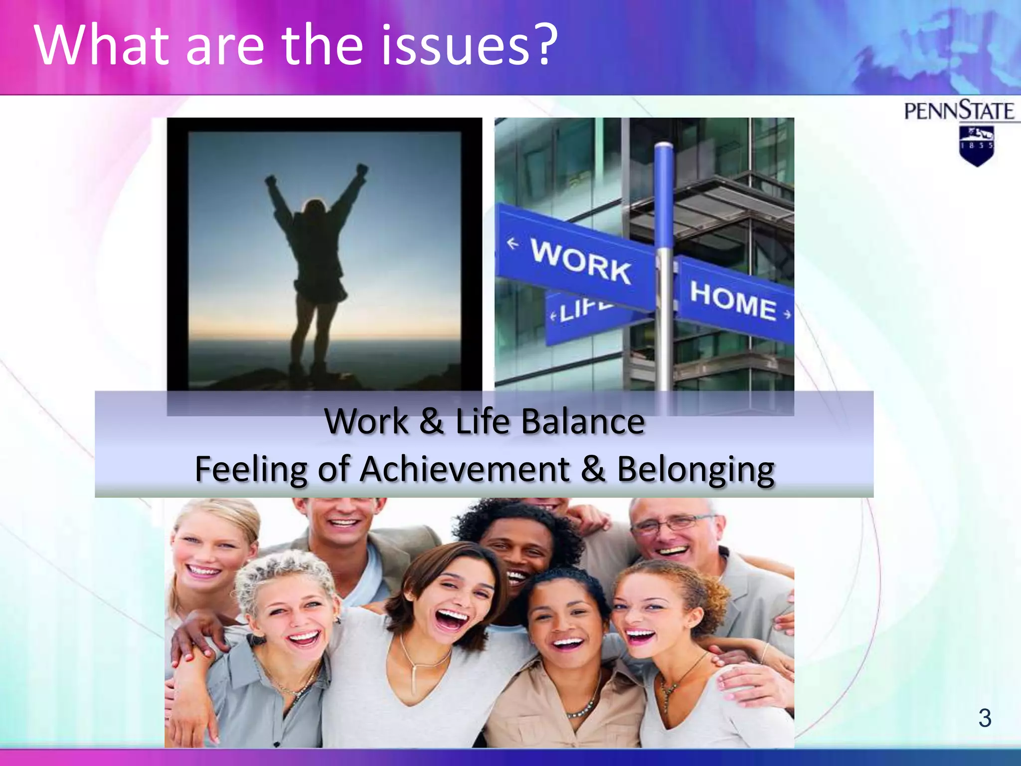What are the issues?




              Work & Life Balance
      Feeling of Achievement & Belonging




                                           3
 