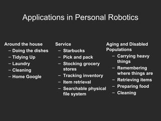 Applications in Personal Robotics
Around the house
– Doing the dishes
– Tidying Up
– Laundry
– Cleaning
– Home Google
Service
– Starbucks
– Pick and pack
– Stocking grocery
stores
– Tracking inventory
– Item retrieval
– Searchable physical
file system
Aging and Disabled
Populations
– Carrying heavy
things
– Remembering
where things are
– Retrieving items
– Preparing food
– Cleaning
 